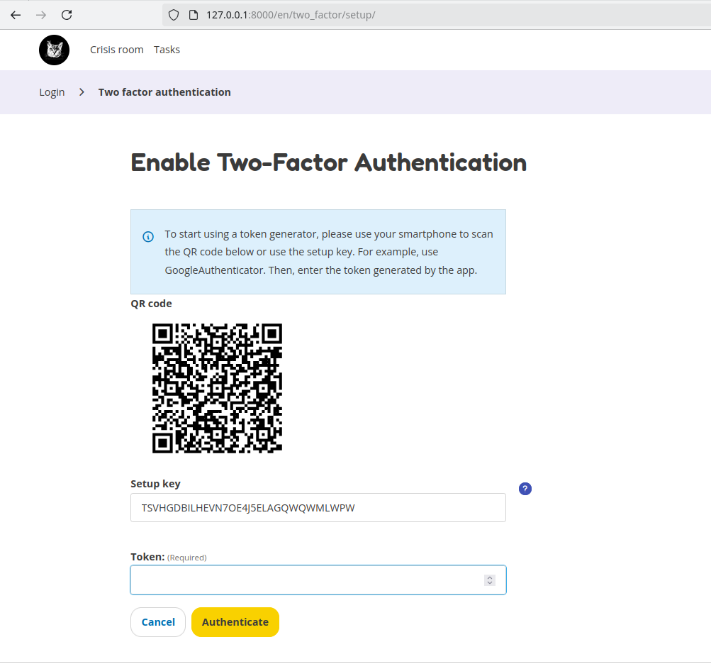 Setting up 2 factor authentication.