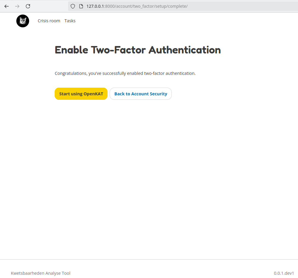 Successful setup of 2 factor authentication.