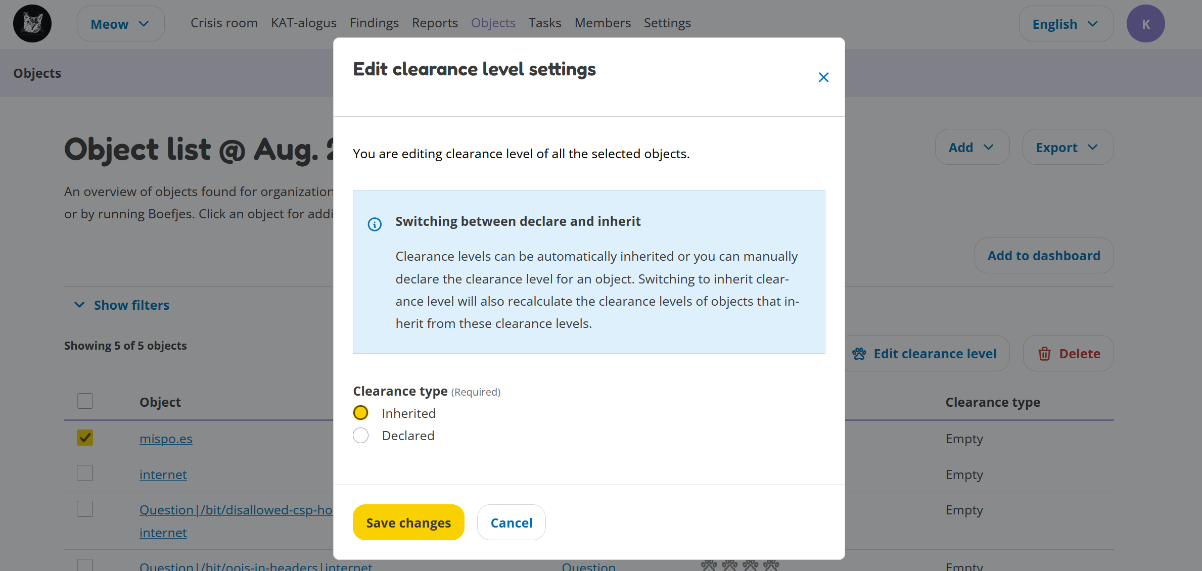 Pop-up to select clearance level