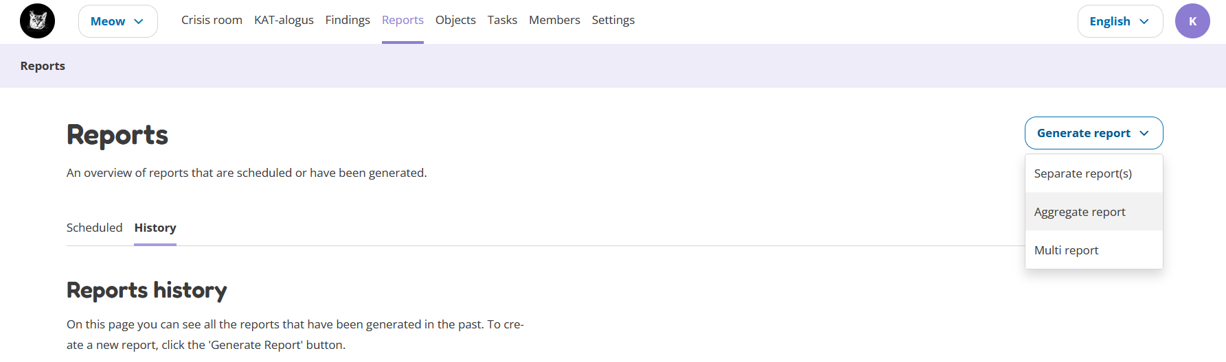 Reports page with Generate report button