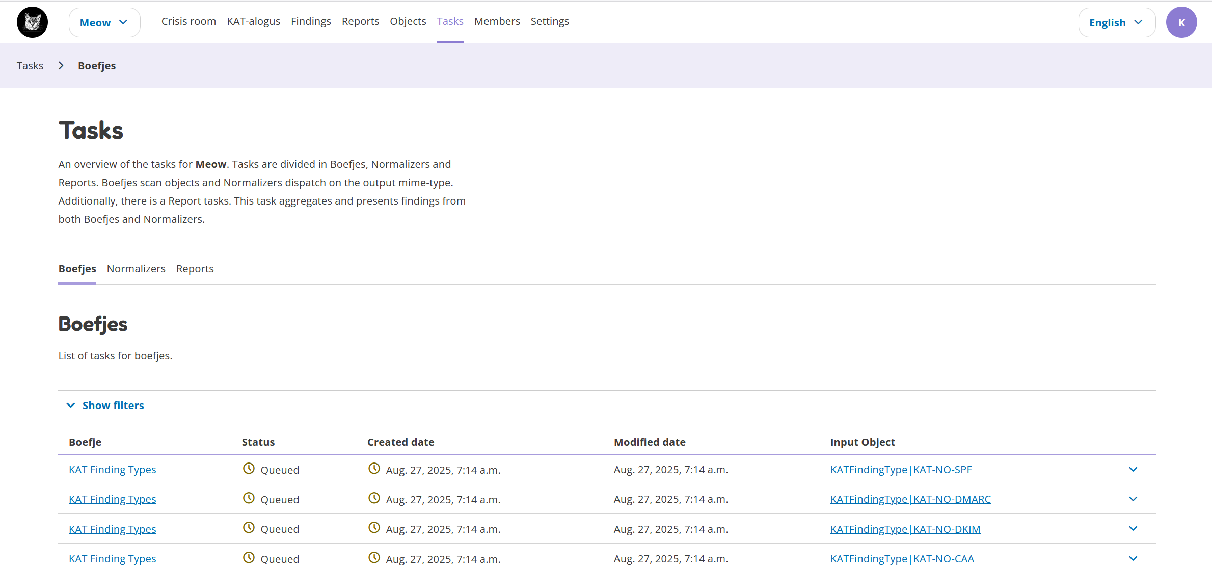 Tasks page